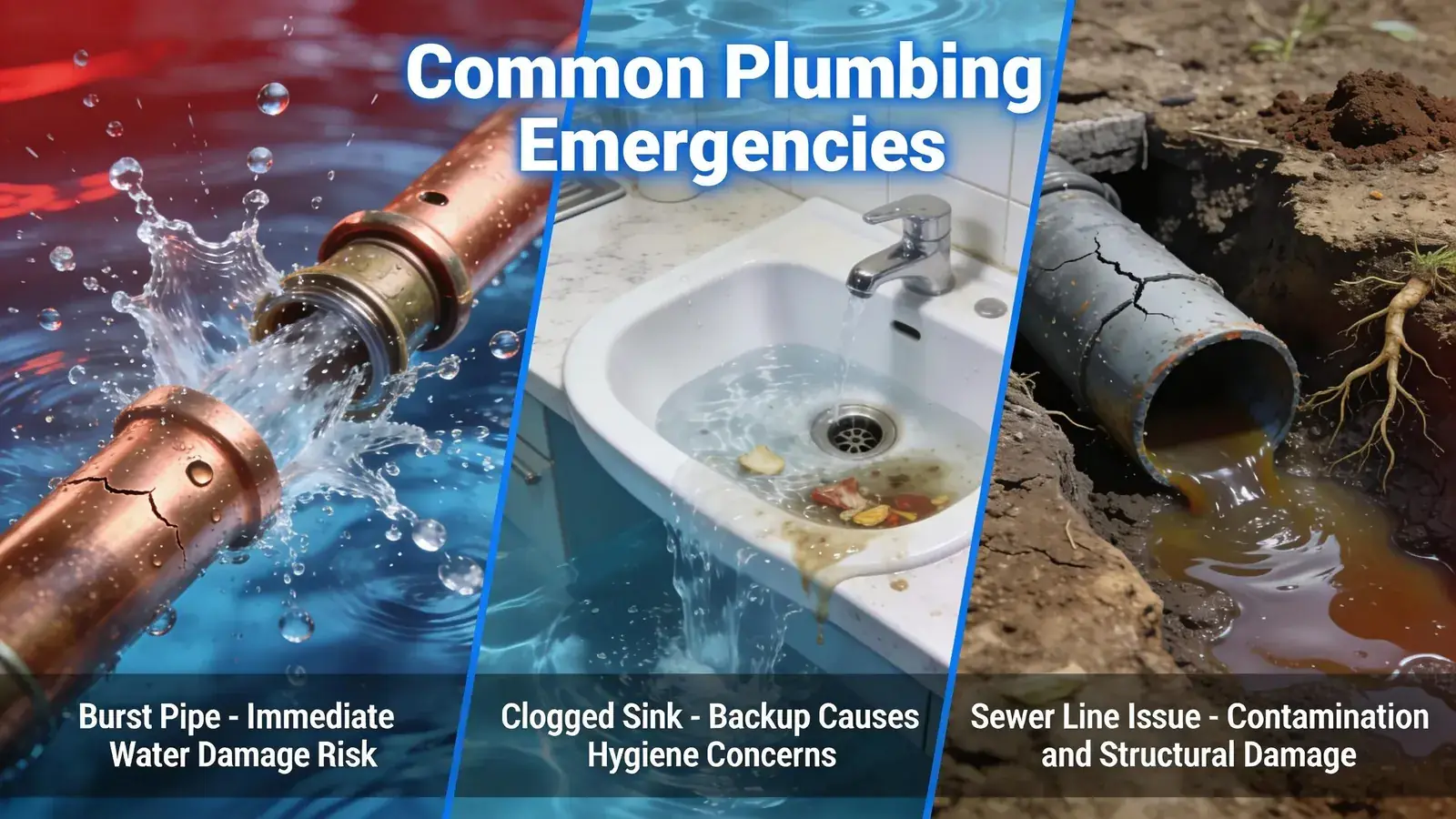 Icons showing burst pipes, clogged drains, and sewer backups — common Bay Area plumbing emergencies