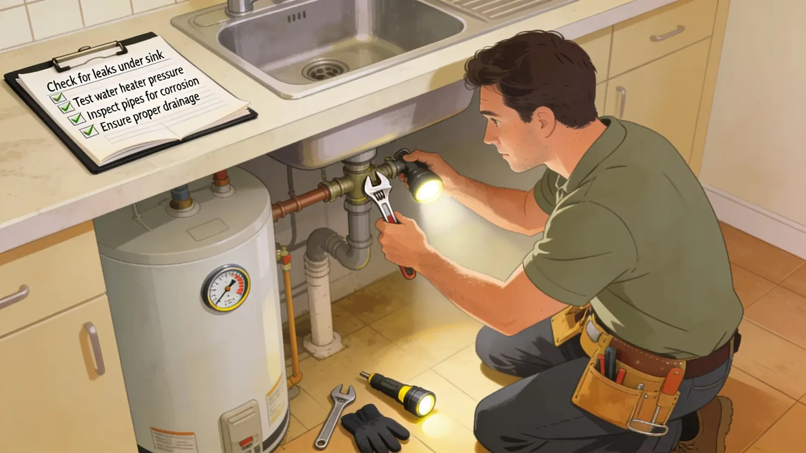 Homeowner inspecting plumbing fixtures as part of preventive maintenance to avoid emergencies
