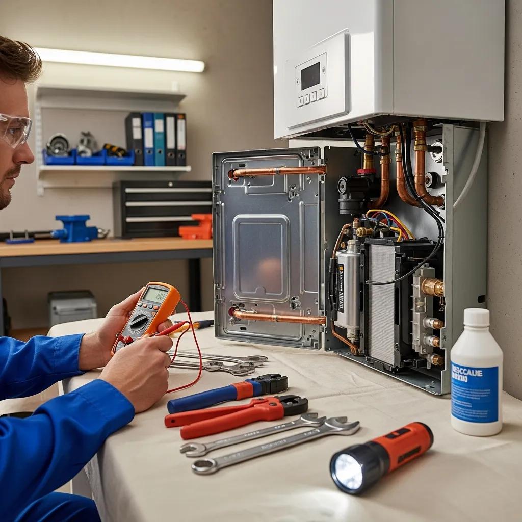 Technician performing tankless water heater maintenance