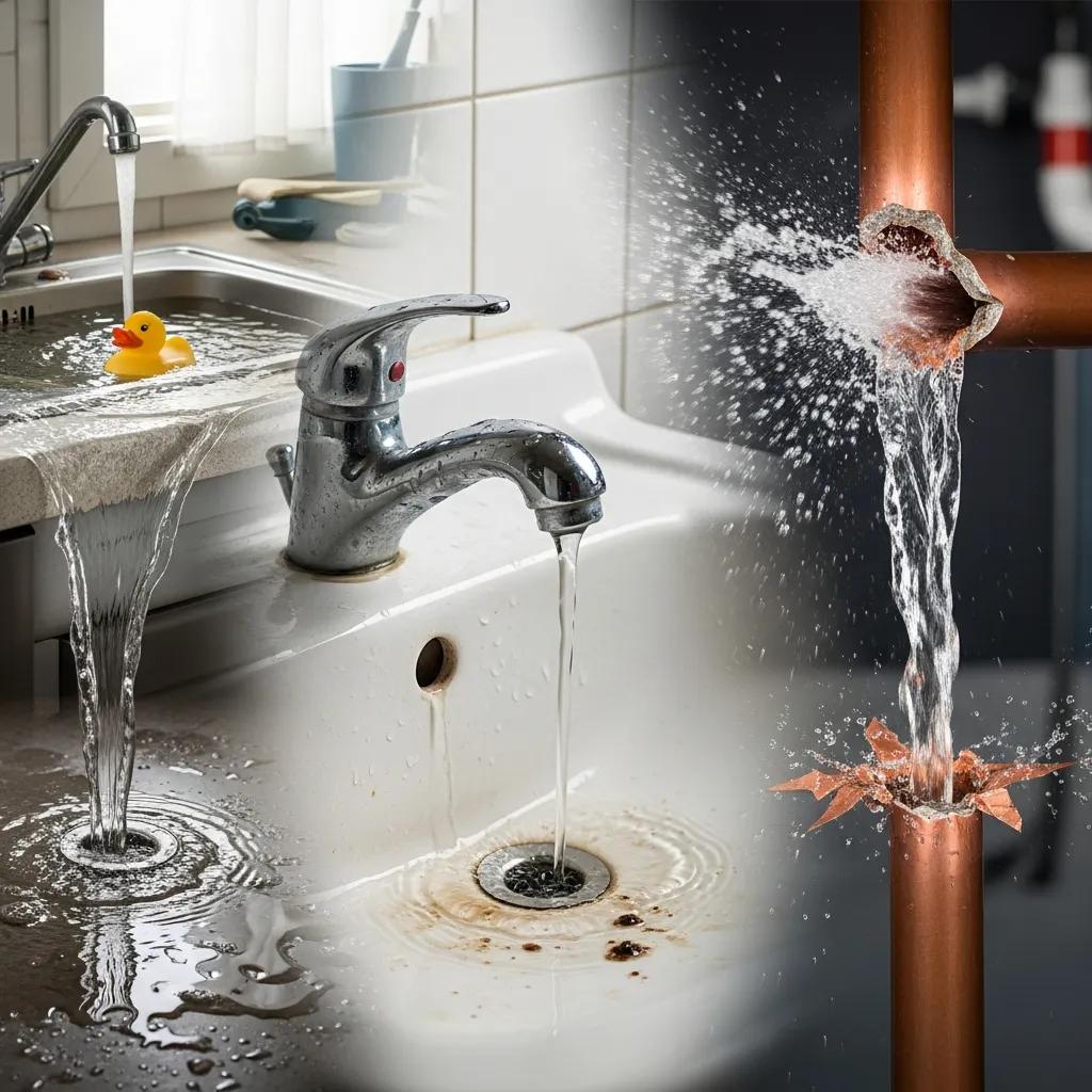 Illustration showing a clogged drain, leaking faucet, and burst pipe — common plumbing emergencies