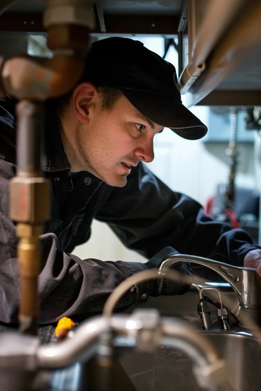 Homeowner checking plumbing under a sink as part of routine maintenance to prevent emergencies