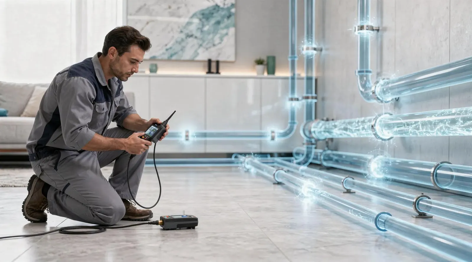 width= Technician using electronic leak detection equipment on a water line