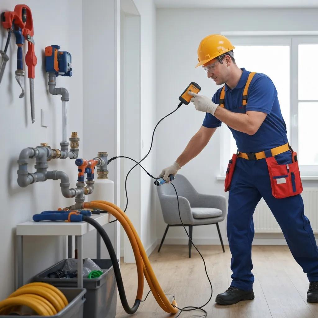 Pro Roto technician performing camera inspection with advanced diagnostics in a residential setting