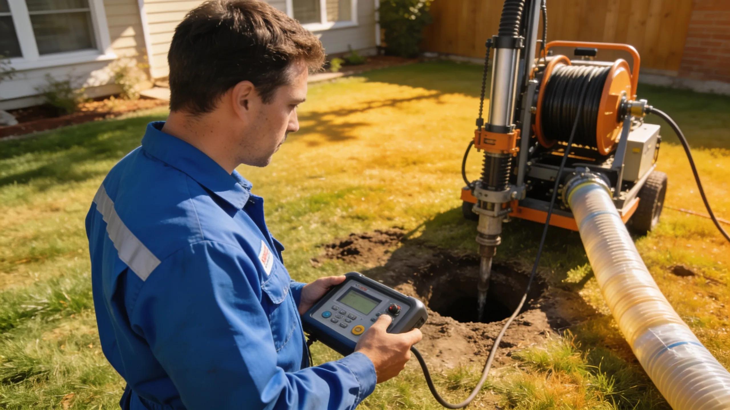Technician performing trenchless sewer repair, preserving landscaping and hardscapes