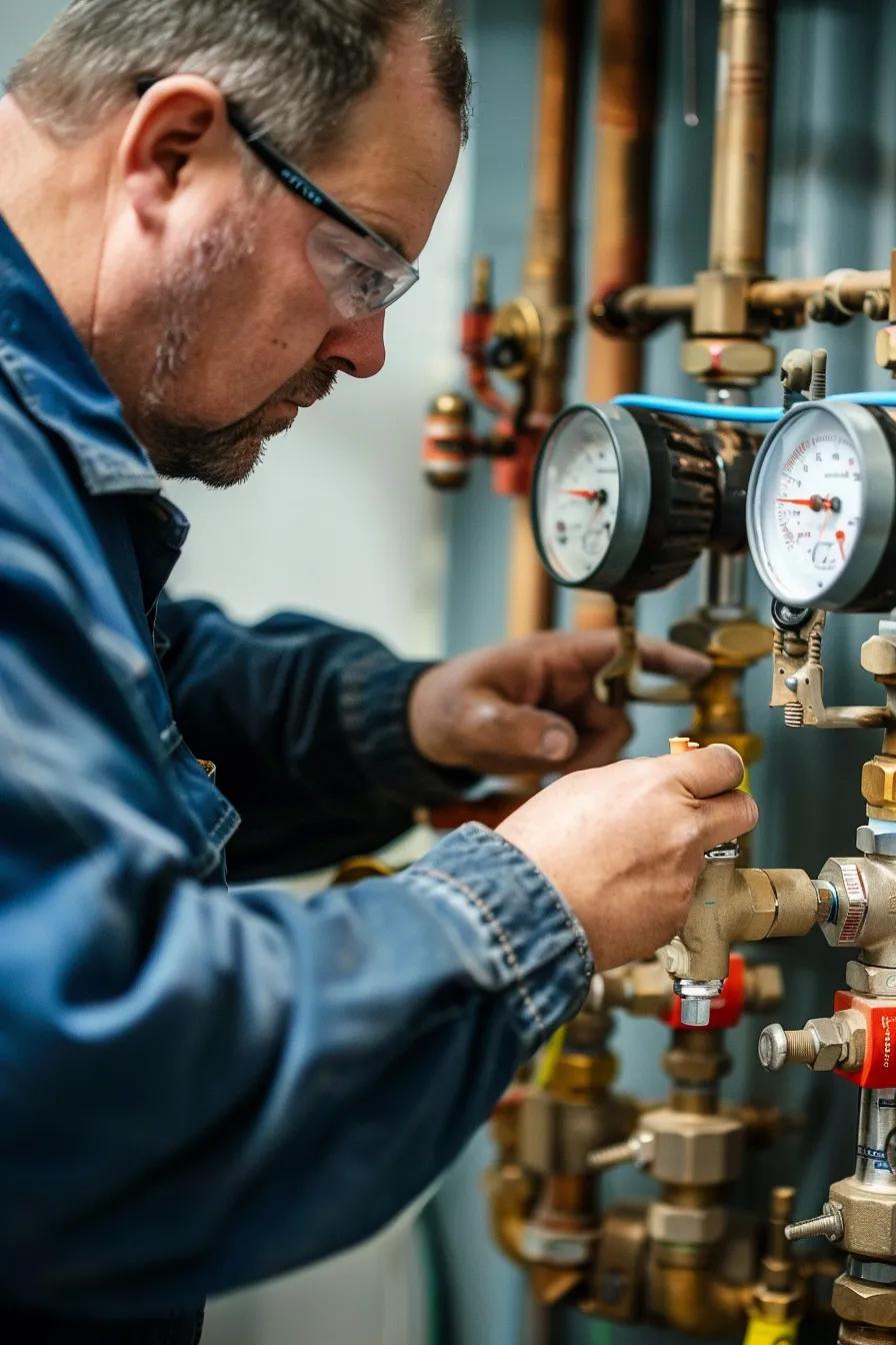 width= Technician attaching test gauges to backflow prevention device during testing