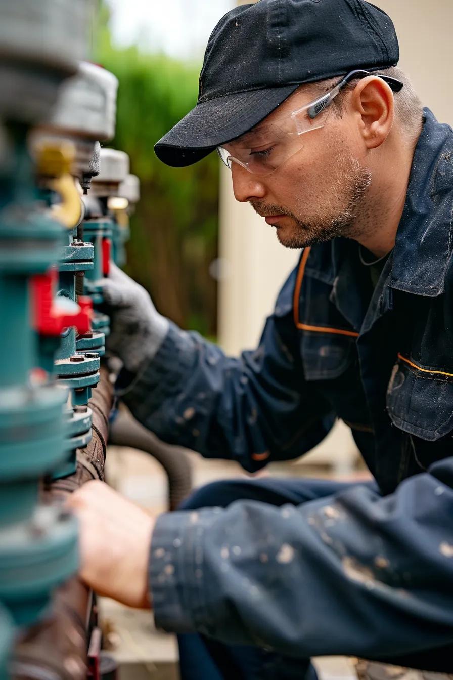 width= Technician inspecting backflow prevention device for maintenance and repair
