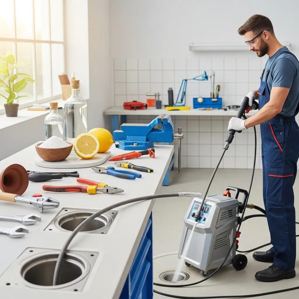 Drain-cleaning tools: drain snake, hydro-jet nozzle, and eco-friendly cleaners