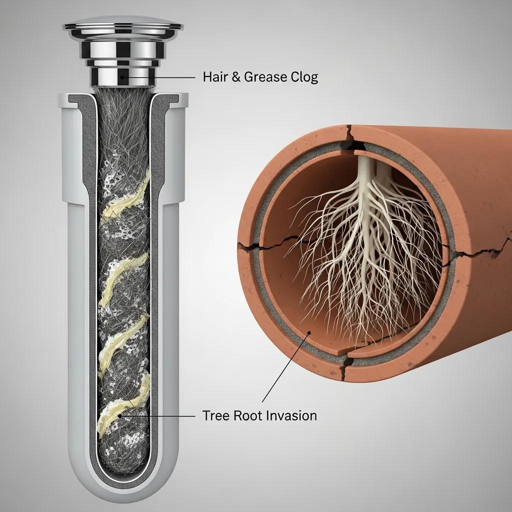Illustration of common clog causes: hair, grease, food scraps, and invading tree roots