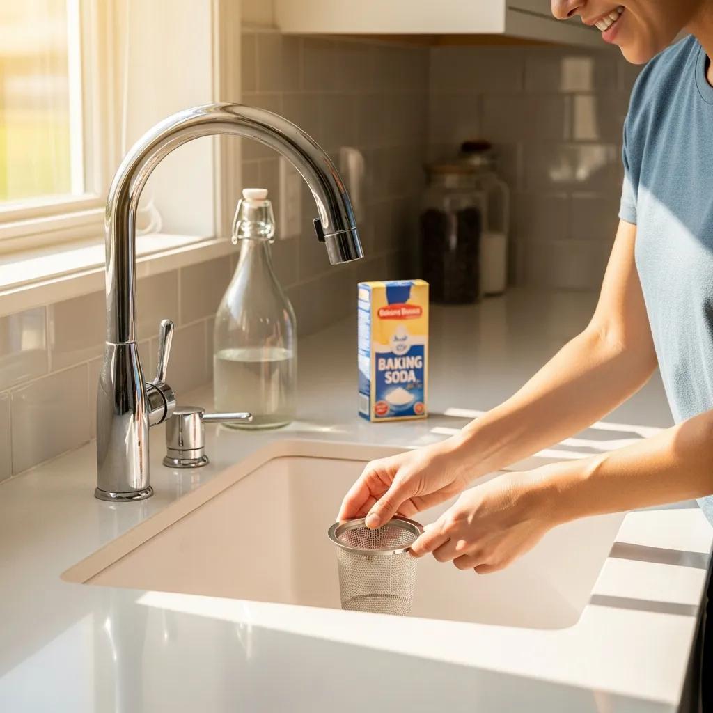 Homeowner doing basic drain maintenance: using a drain screen and pouring hot water