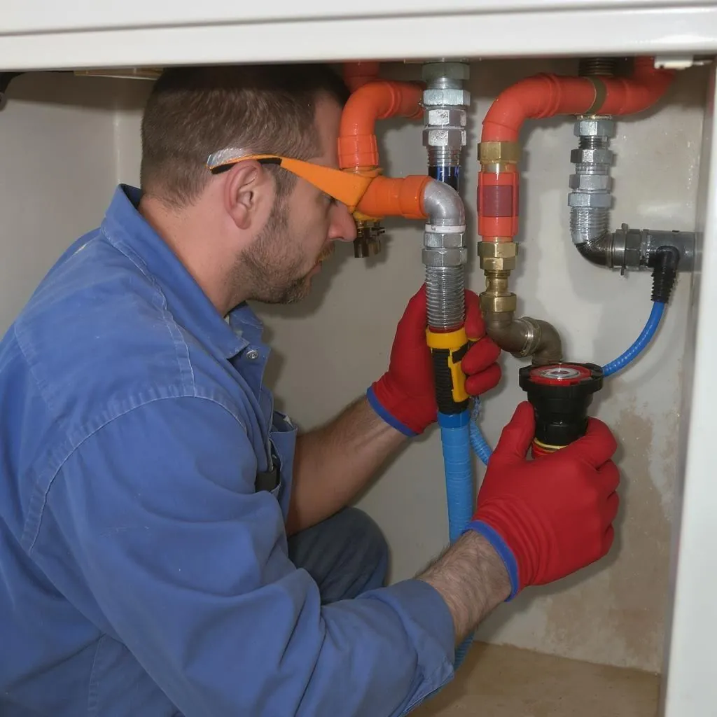 width= Emergency plumber responding to a burst pipe on the Peninsula